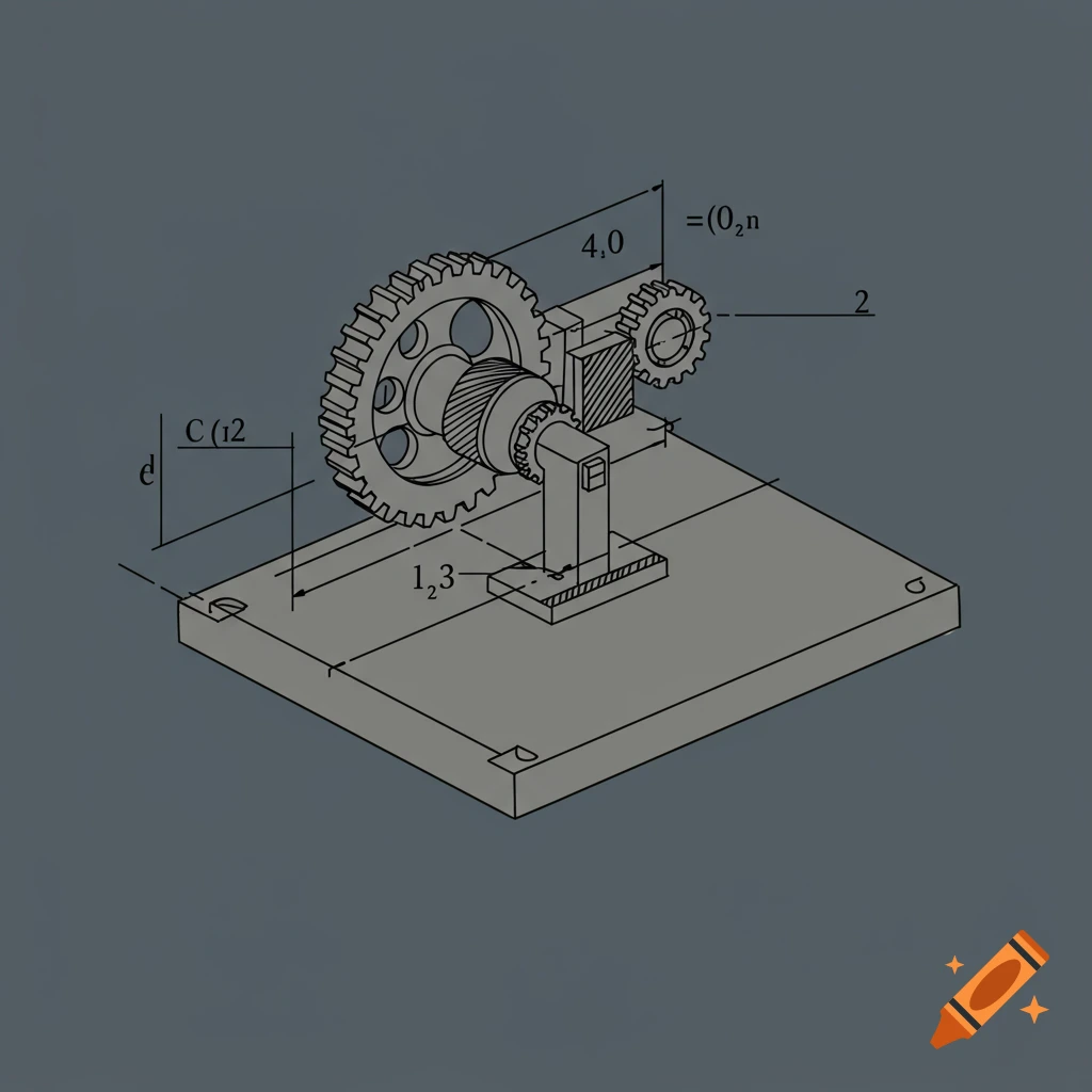 Line drawing schematic of a gear system with dimensions and labels.