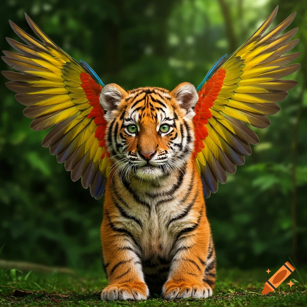 A tiger cub with colorful parrot wings sits in a forest.