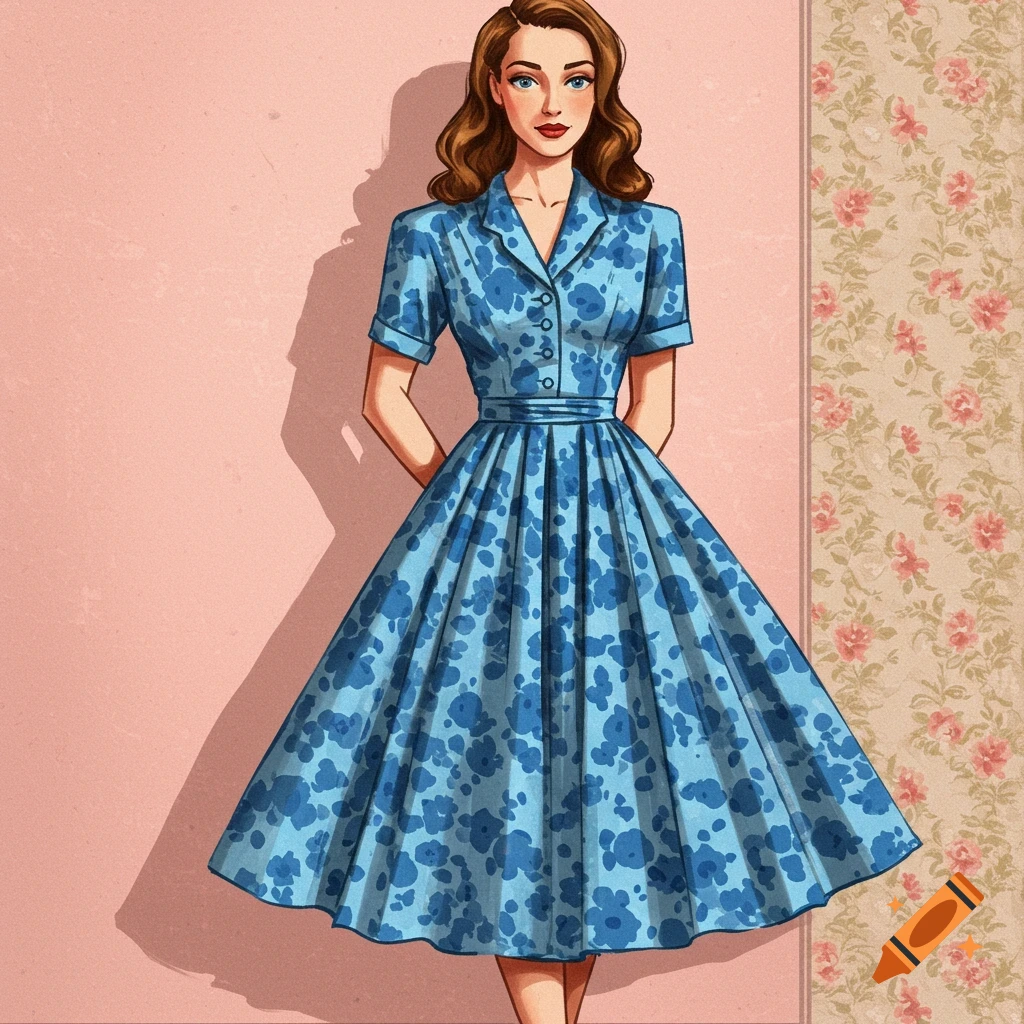 Image of a woman in a blue floral 1940s dress standing against a pink and floral wallpaper background.