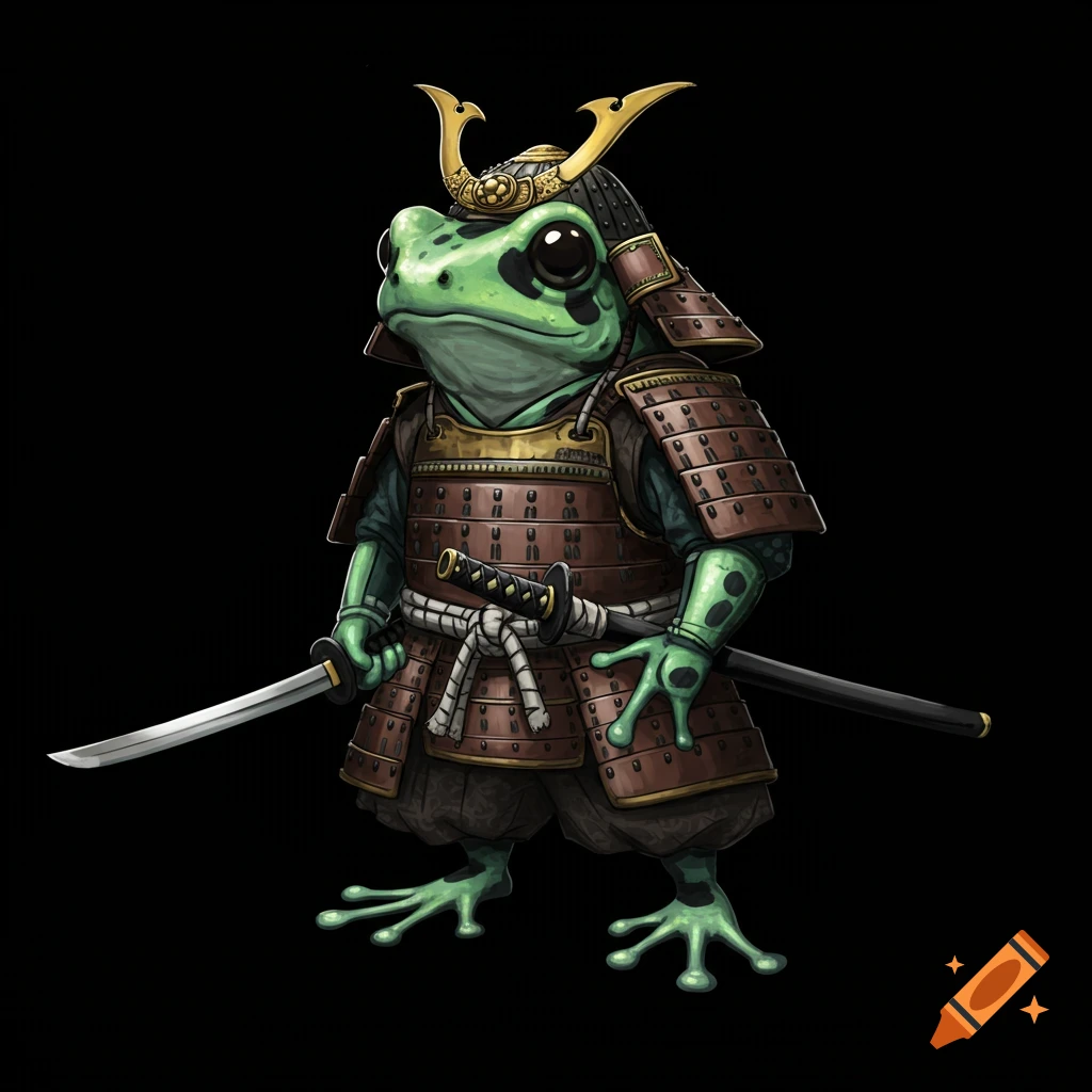A green frog in samurai armor holding swords.