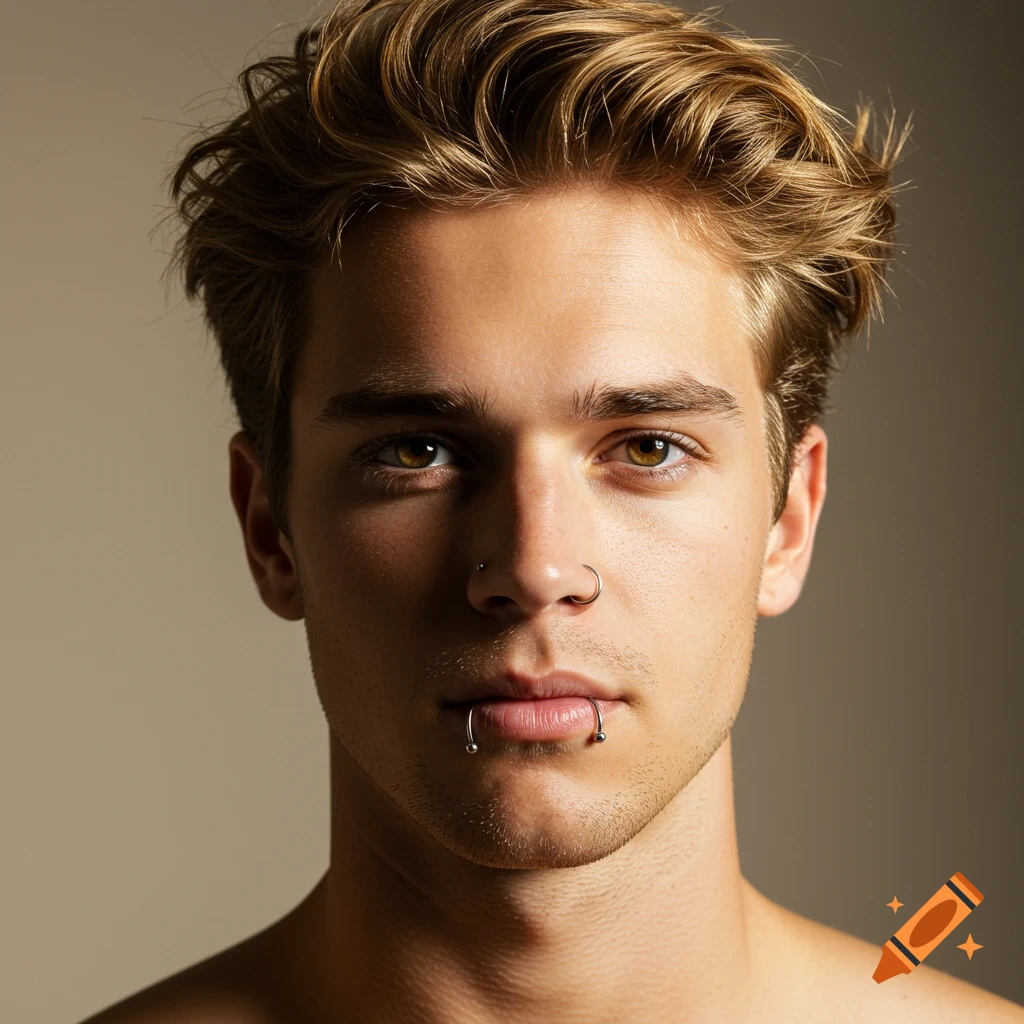 Close-up portrait of a young man with blond hair, brown eyes, nose ring, and lip rings
