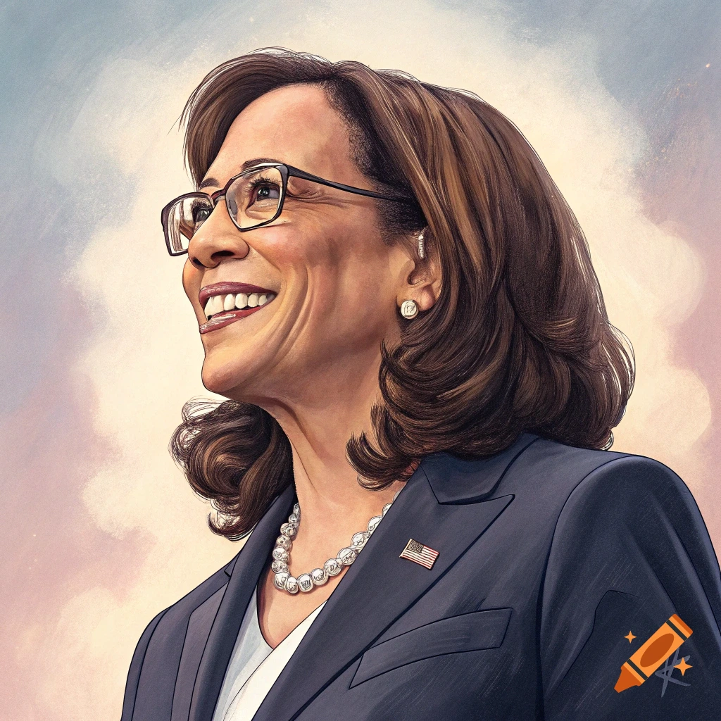 Illustration of Kamala Harris smiling, wearing a suit, pearl necklace, and American flag pin.