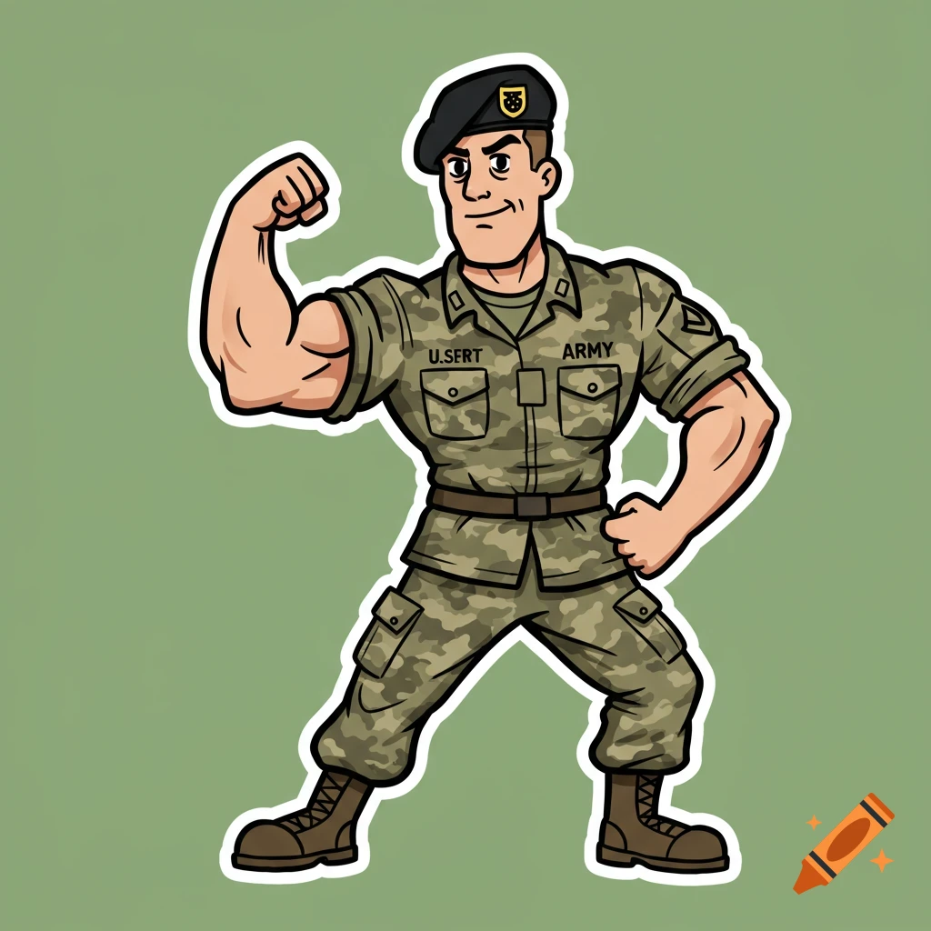 A cartoon drawing of a muscular soldier in camouflage flexing.