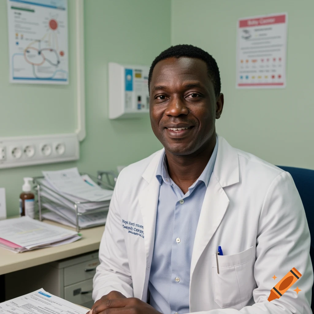 A smiling Black doctor in a white coat sits at a desk in a clinic.