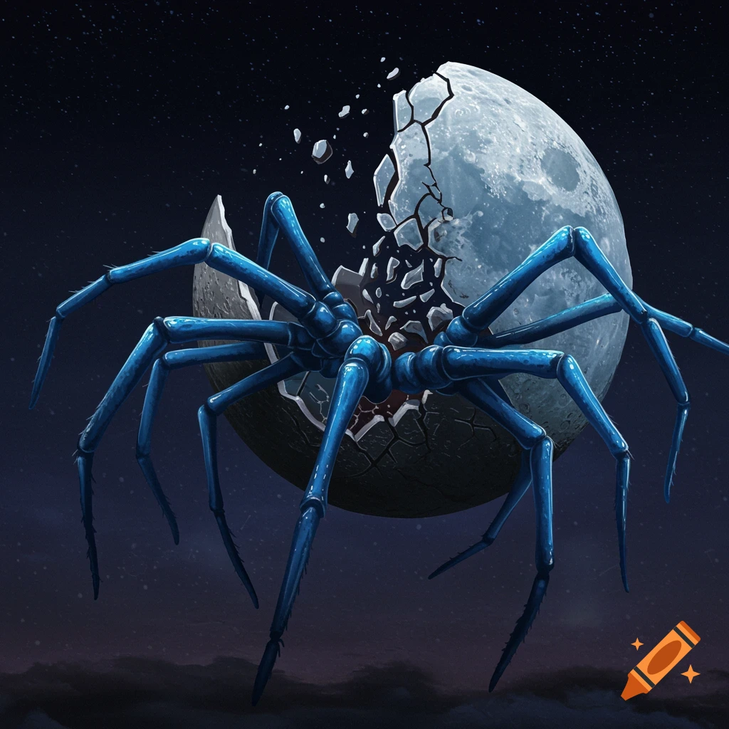 A large blue spider breaks out of a cracking moon in space.