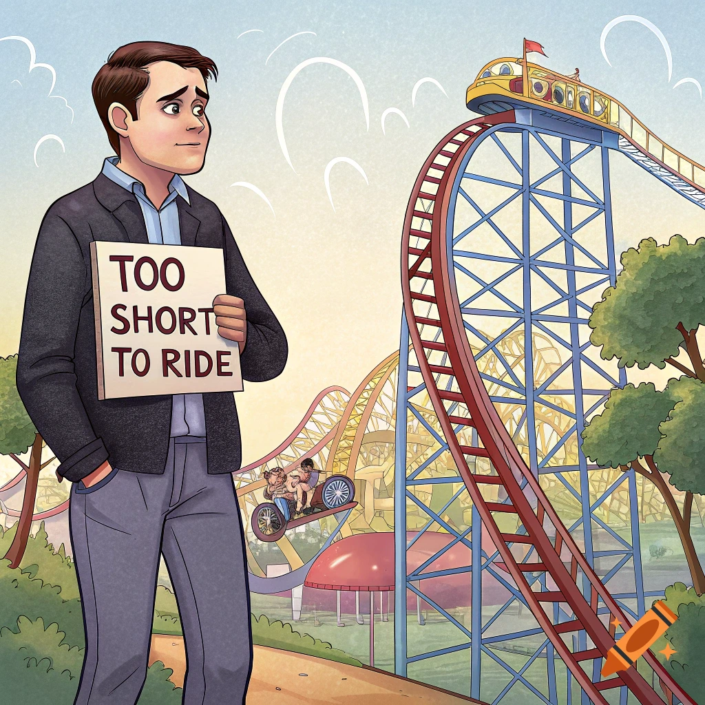 Illustration of a man holding a 'Too Short To Ride' sign at a rollercoaster