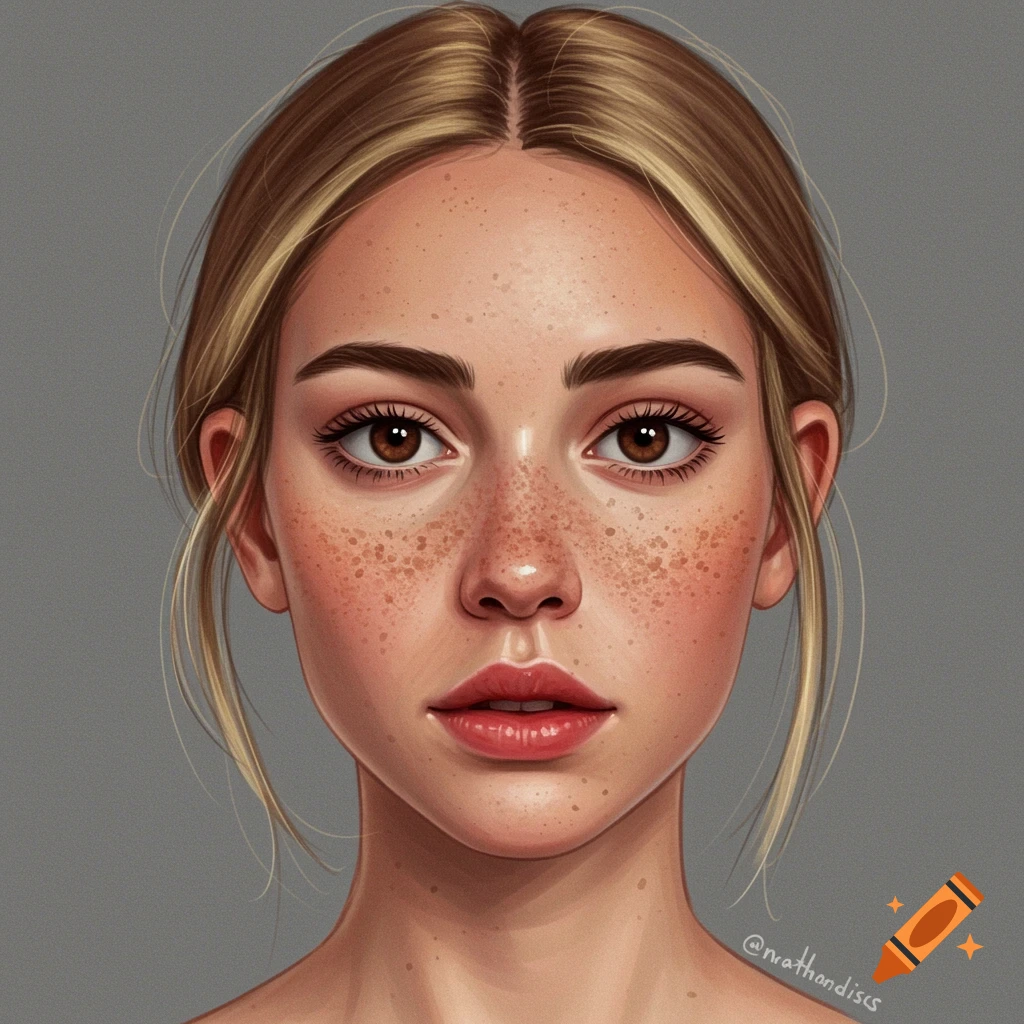 A woman's face with freckles.