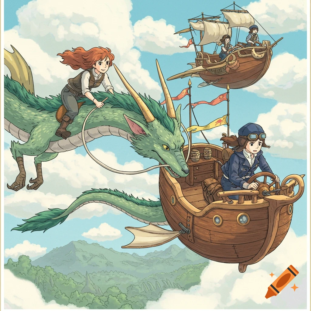 A woman rides a green dragon alongside an airship piloted by another woman in a sky, Ghibli style illustration.