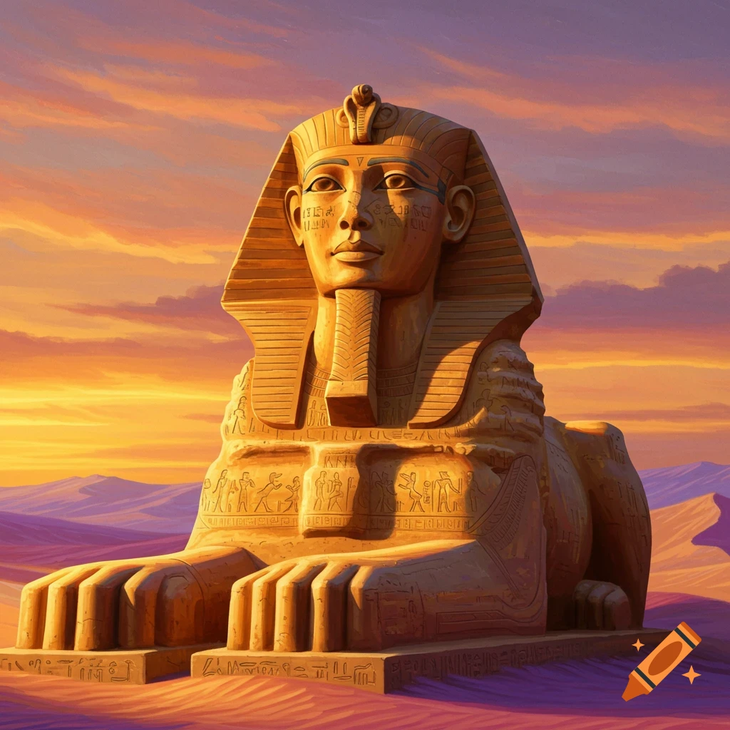 The Great Sphinx in the desert at sunset.