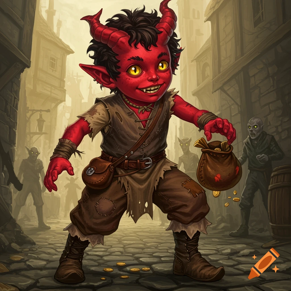 Illustration of a red-skinned tiefling child spilling coins on a grimy street.