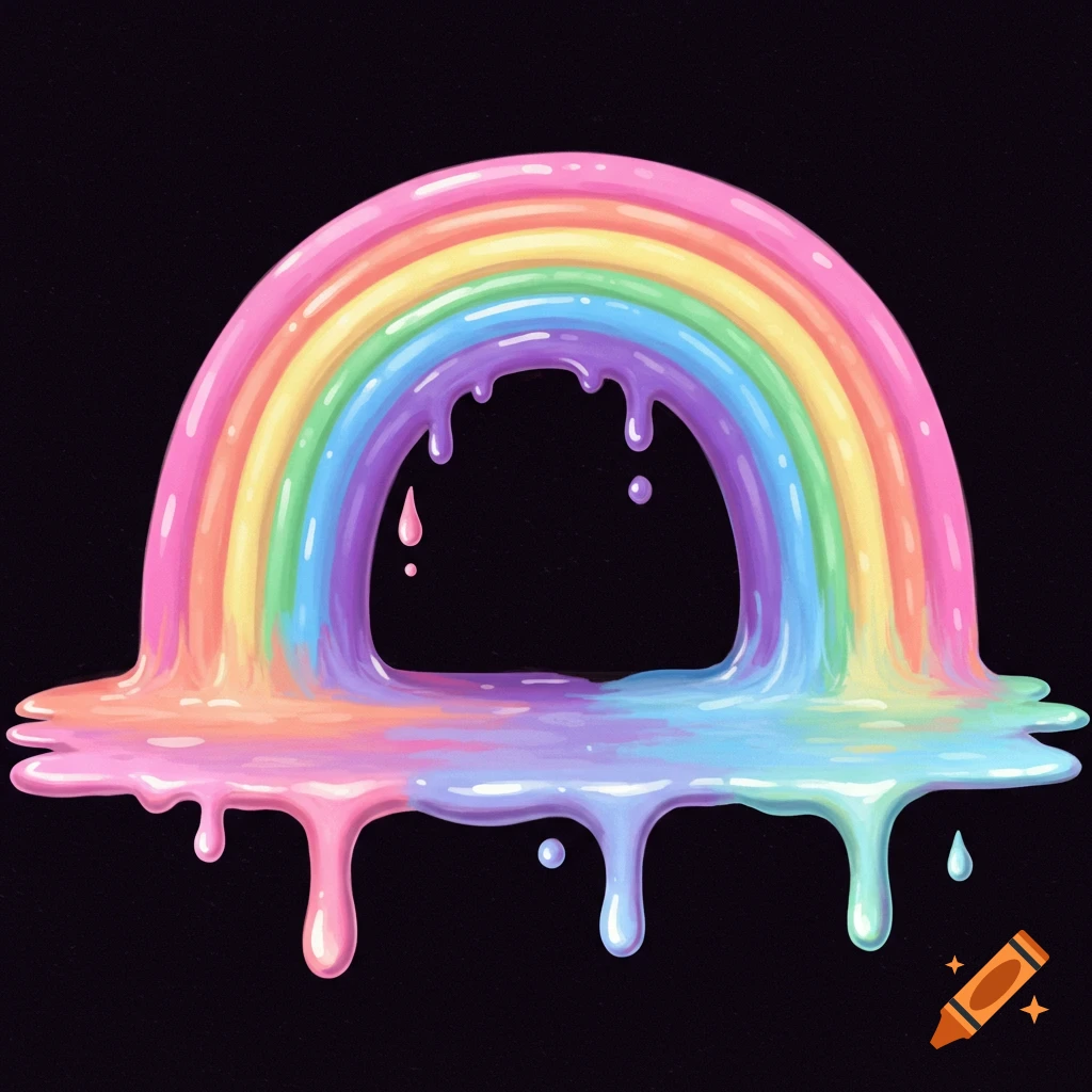 A drippy pastel rainbow against a black background.