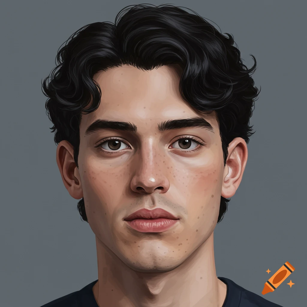 A portrait of a young man with dark wavy hair and freckles.