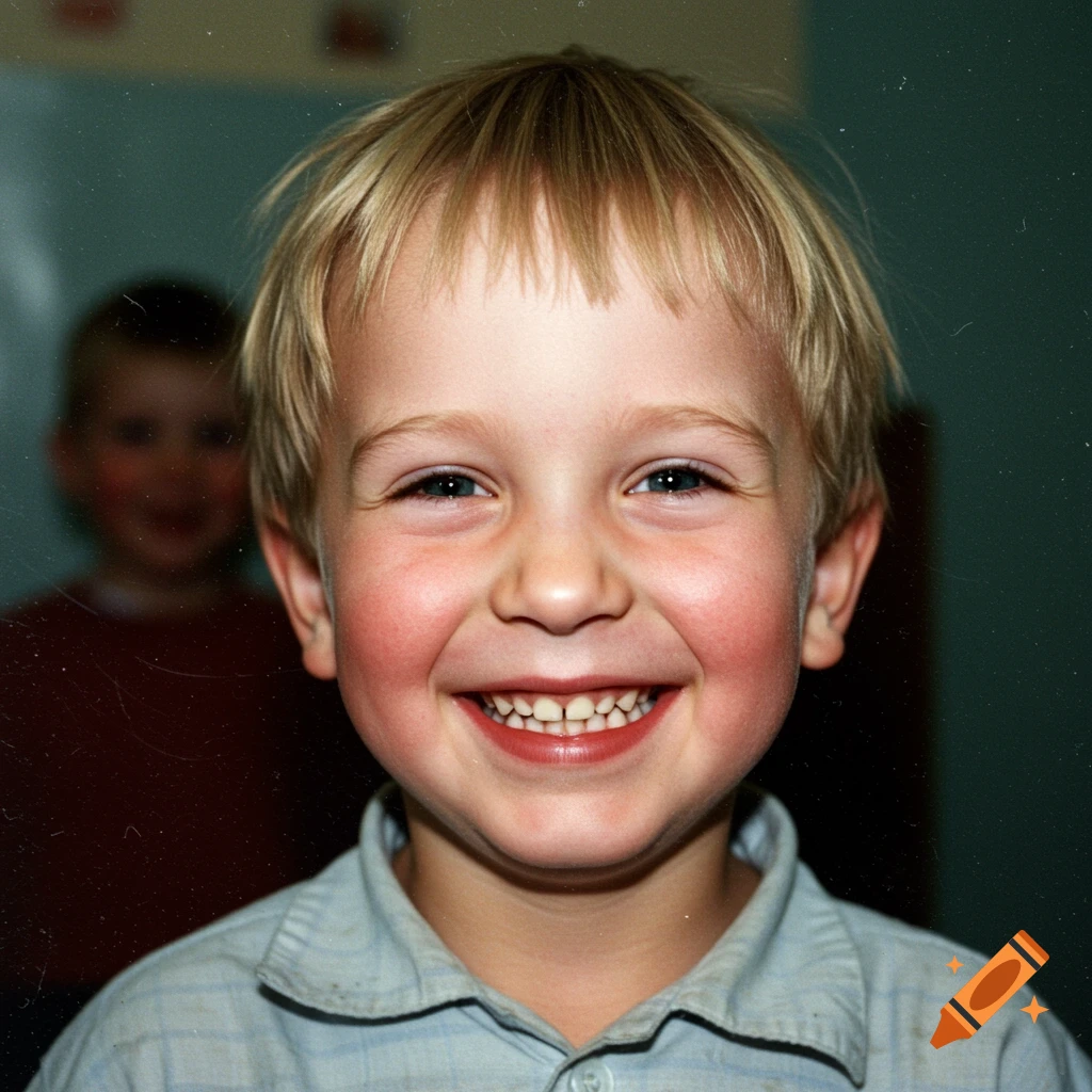 A close-up photo of a young boy with blonde hair smiling widely.