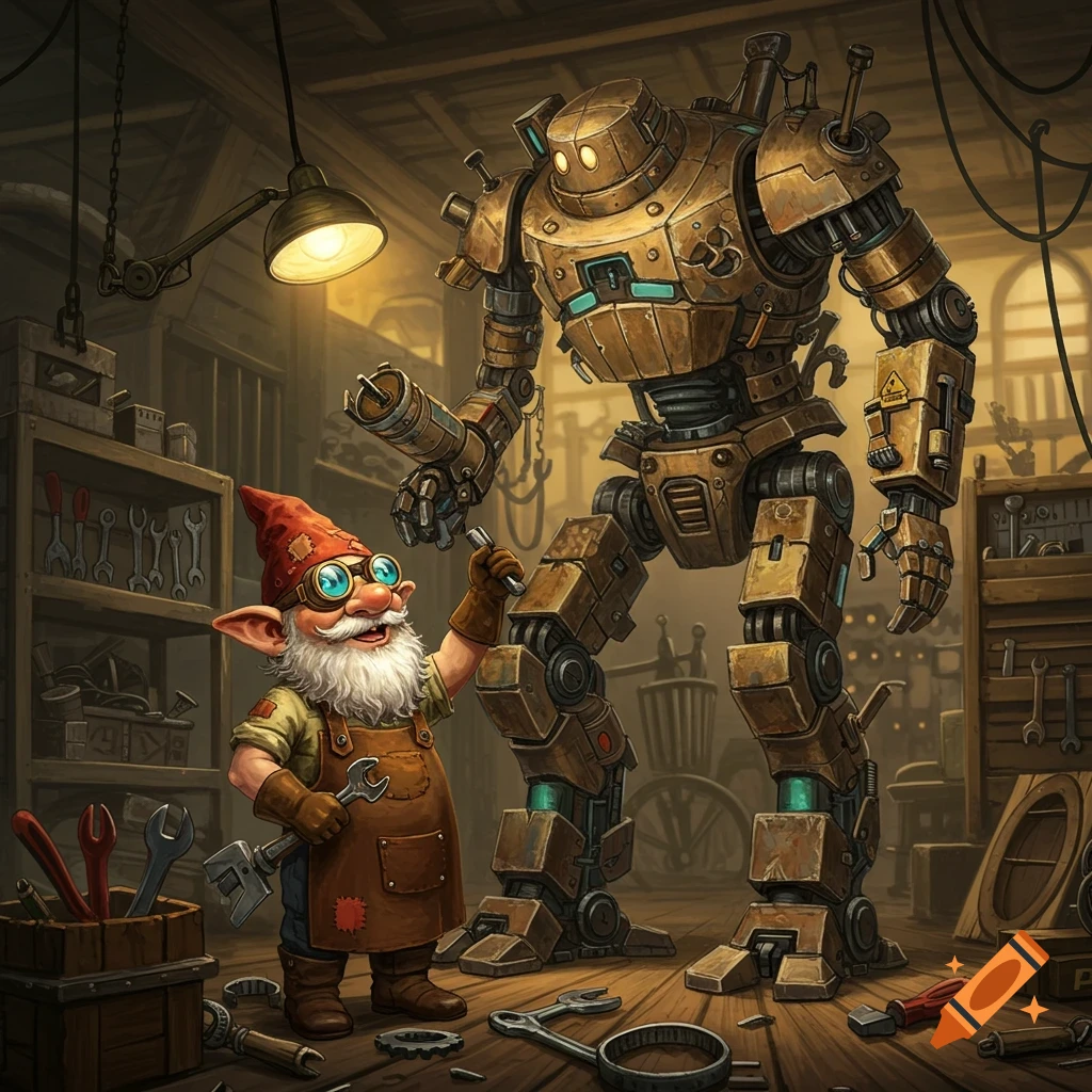 A fantasy style gnome mechanic works on a tall, crude robot in a workshop.