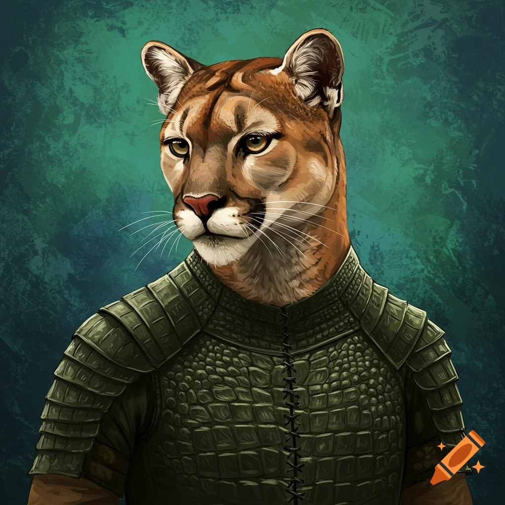 A cougar wearing green alligator skin armor against a dark background.