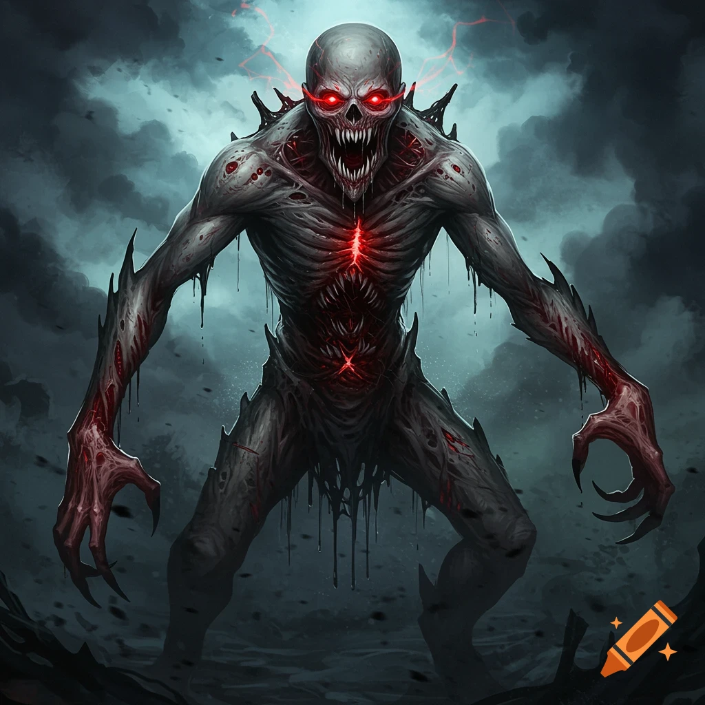 Skeletal creature with red eyes and glowing chest against a stormy sky.