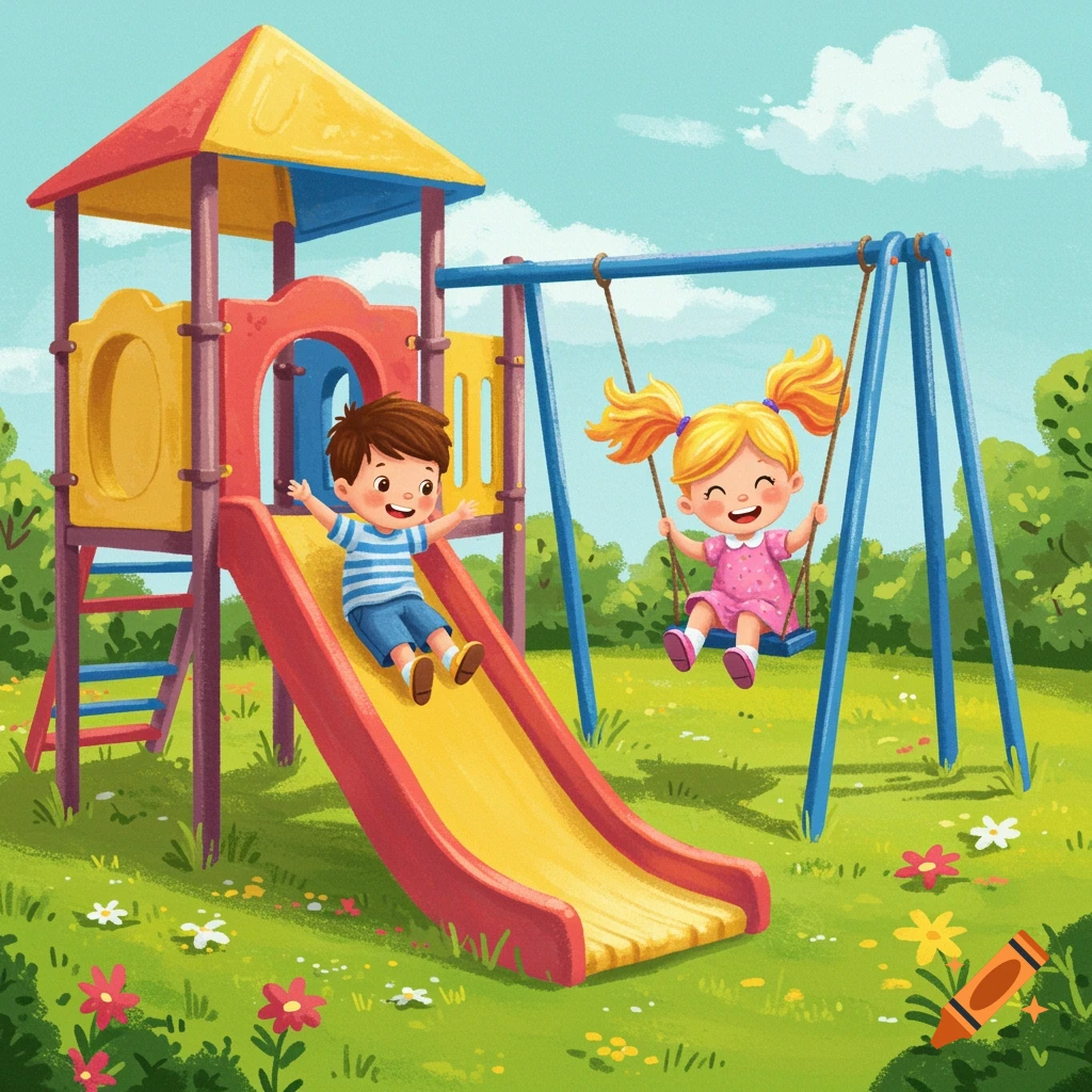 A whimsical illustration of a boy sliding and a girl swinging on a colorful playground on a sunny day.