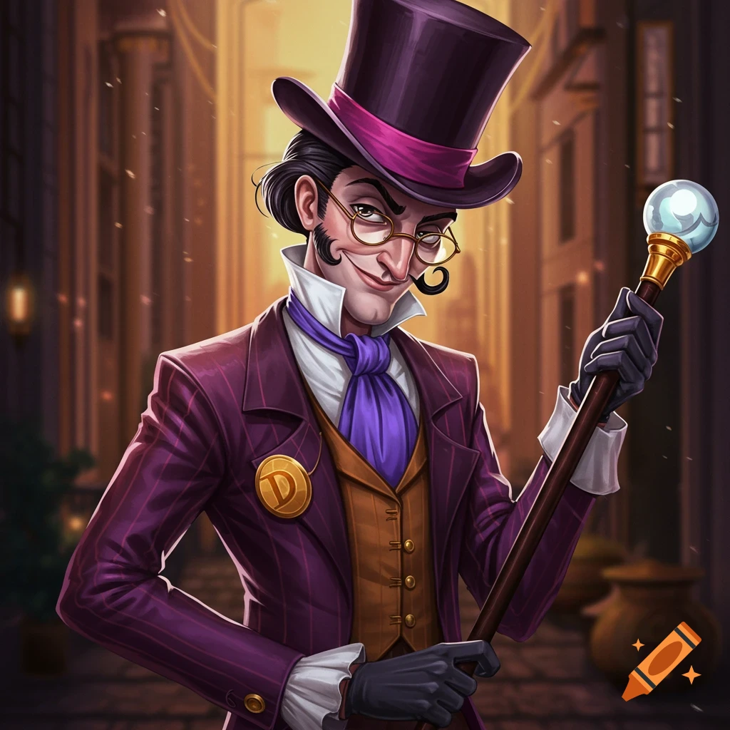 A stylized man in a purple pinstripe suit and top hat, holding a cane.
