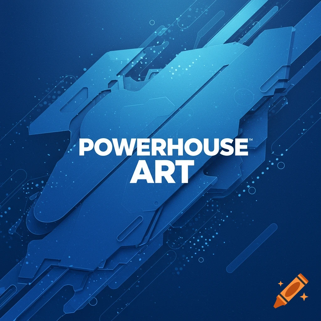 White 'POWERHOUSE ART' logo on a blue abstract background.