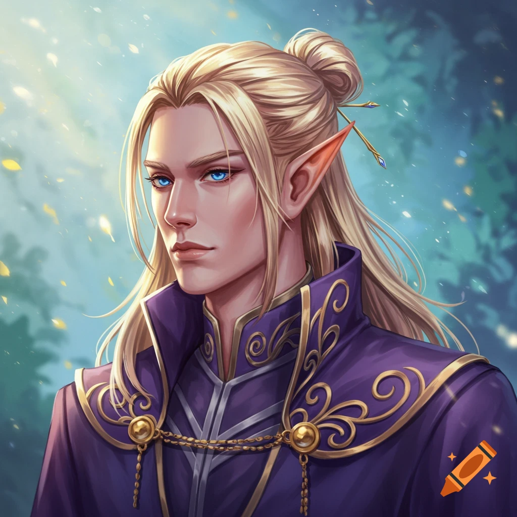 Image of a male high elf with blonde hair in a bun and blue eyes, wearing ornate purple robes, in a forest setting.