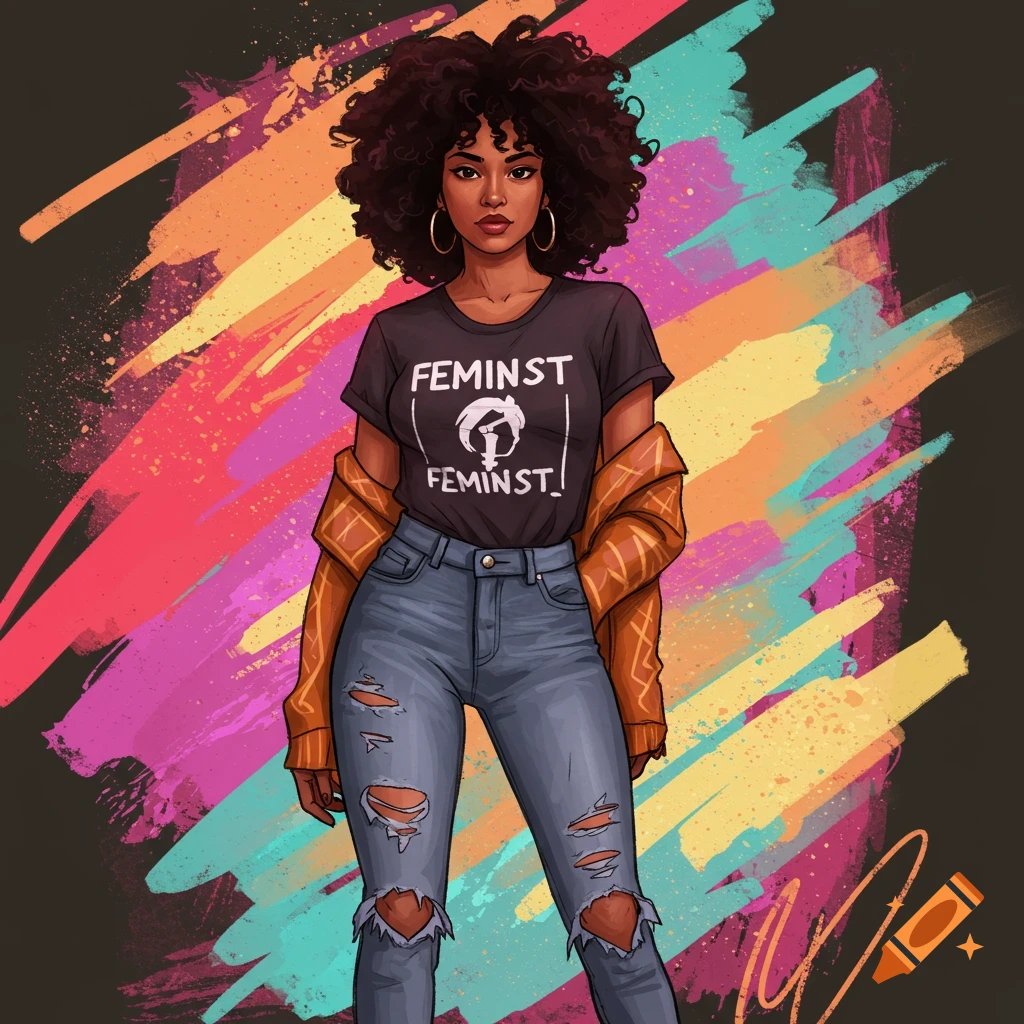 Stylized digital illustration of a woman wearing a 'FEMINST' shirt, ripped jeans, and orange jacket against a colorful background.