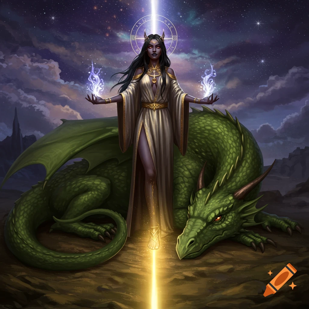 Image of a dark-haired fantasy woman in robes with a green dragon under a starry sky.