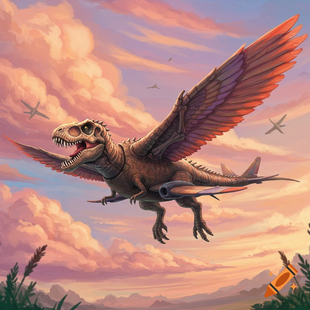 A dinosaur with airplane wings and engines flying through a cloudy sunset sky with other aircraft.