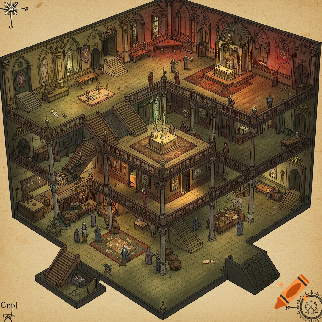 Isometric map of a three-story cultist temple interior with rooms, stairs, balconies, and figures, in a hand-drawn style.