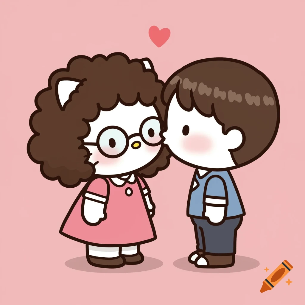 A cute cartoon shows a boy kissing a girl's cheek. They resemble Hello Kitty characters.