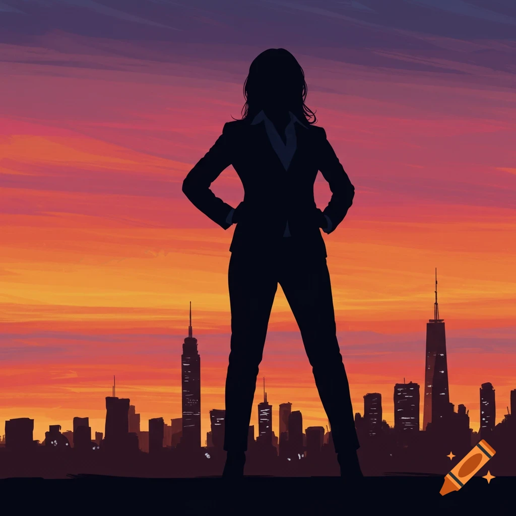 Silhouette of a confident business woman standing in front of a city skyline at sunset, digital art.