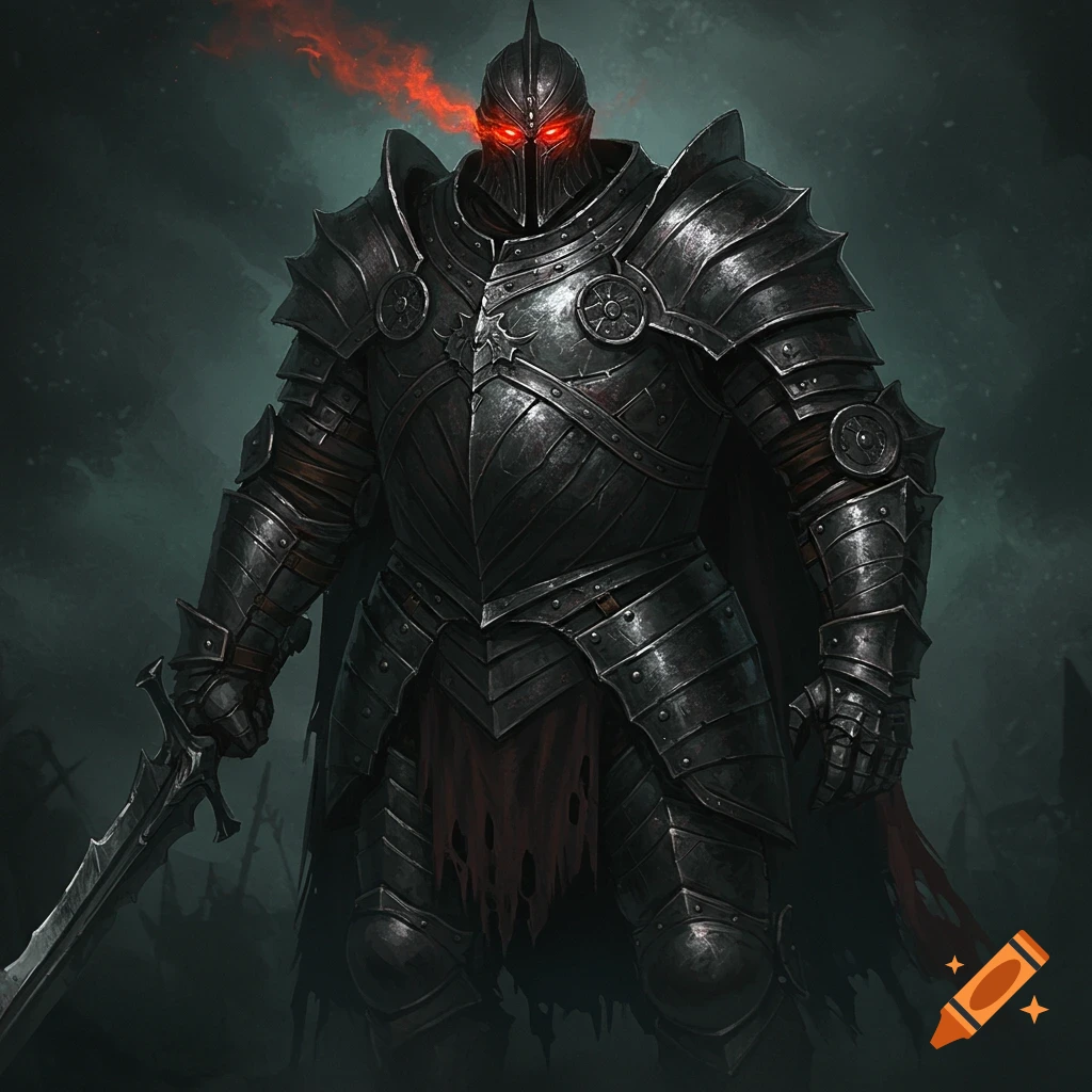 An imposing knight in dark armor with red glowing eyes holding a sword.