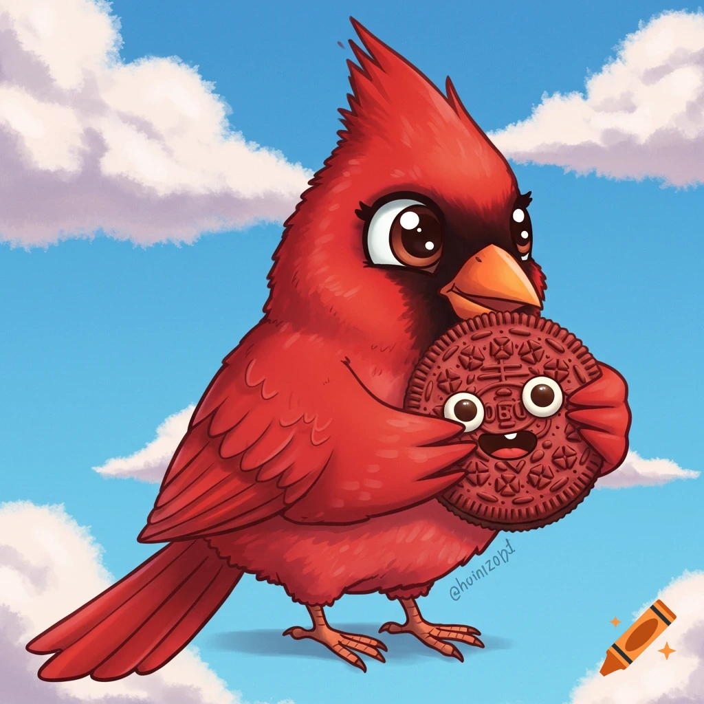A cartoon cardinal holds a smiling cookie.