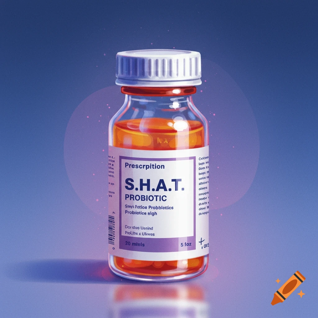 A glass bottle with orange liquid and a label that reads S.H.A.T. PROBIOTIC.