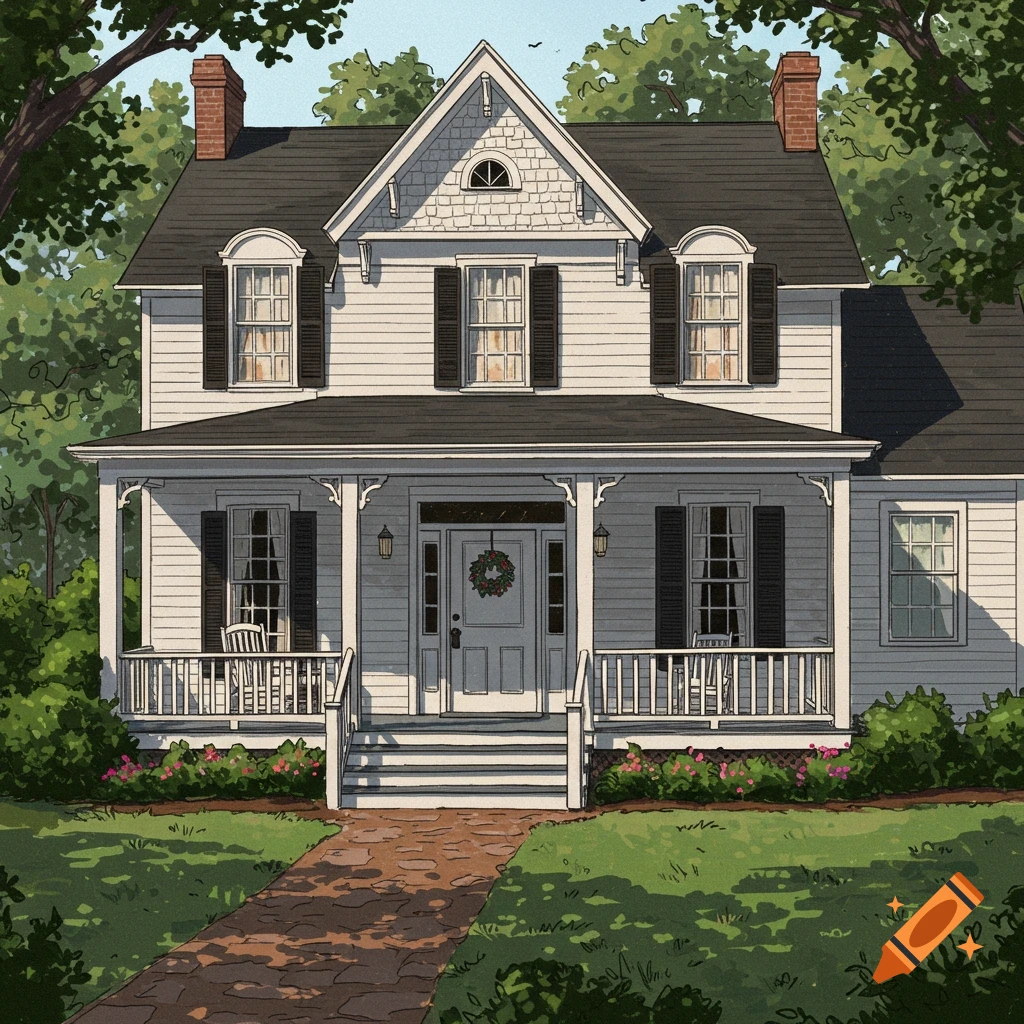 A white house with a porch, black shutters, and a stone path.