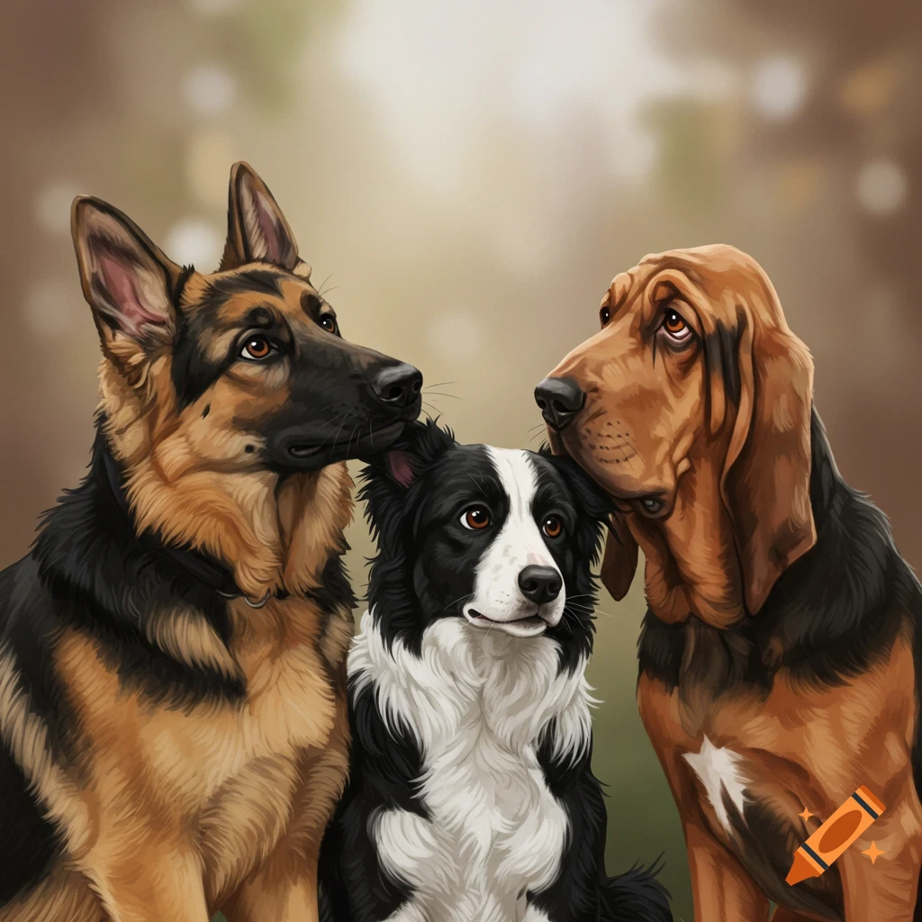 A German Shepherd, a Border Collie, and a Bloodhound together.