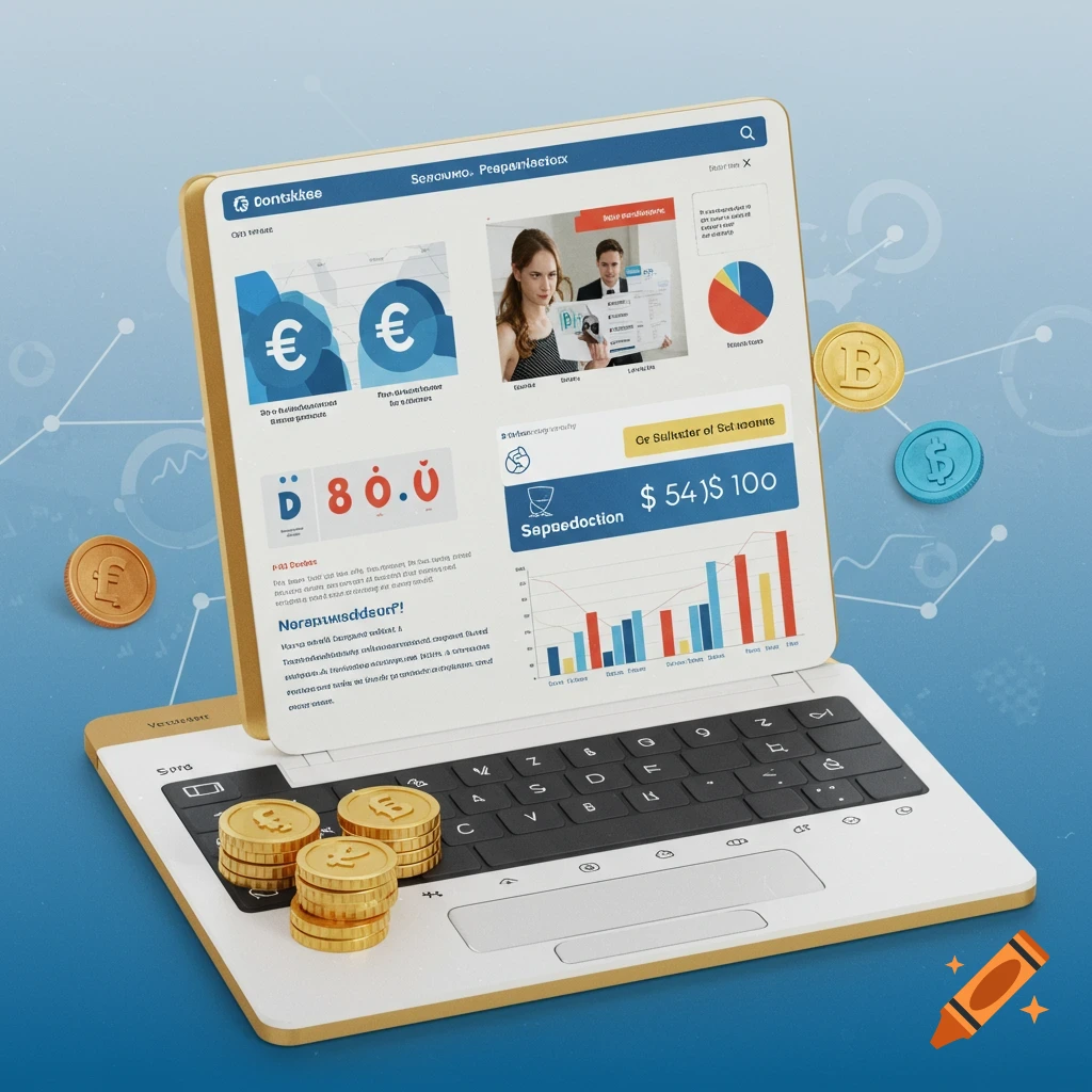 Laptop screen displaying finance charts and business people, with gold coins and currency symbols.