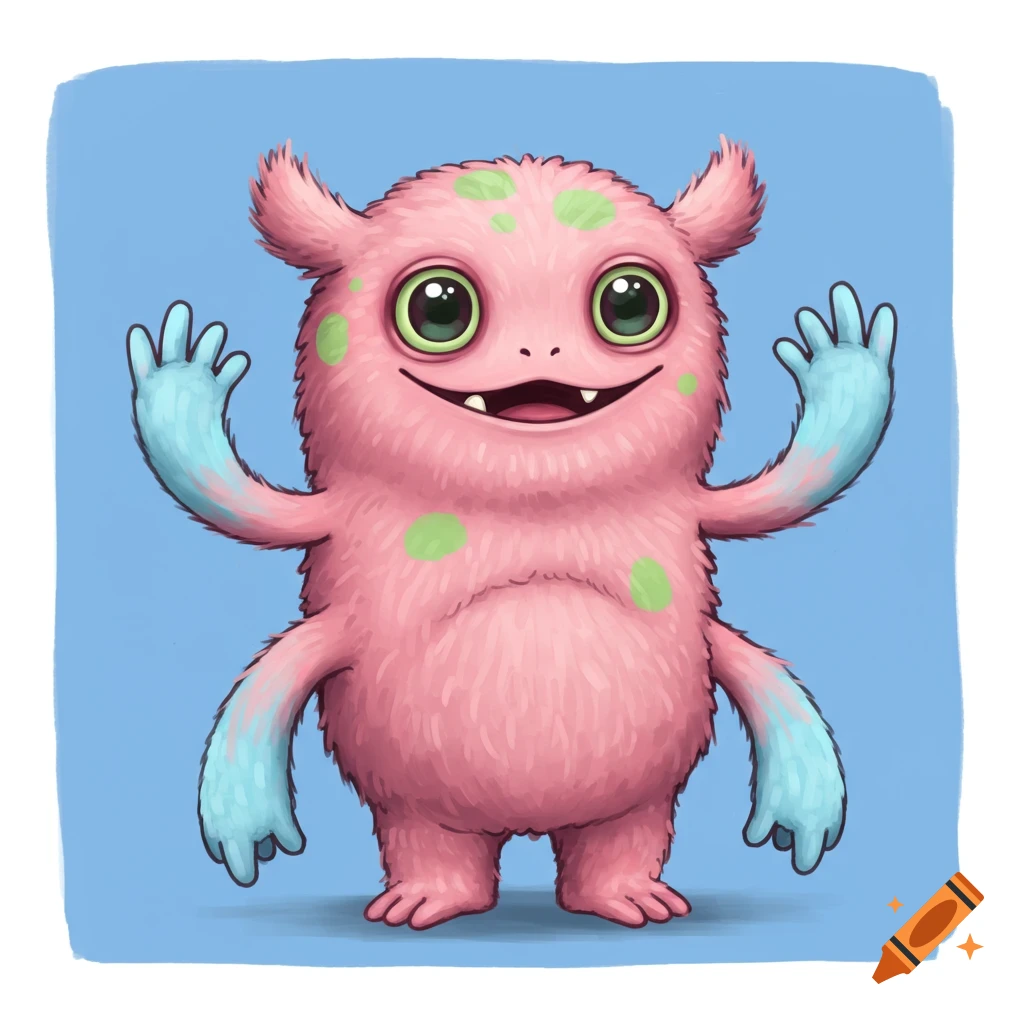Pink furry monster with green spots and blue arms waves.