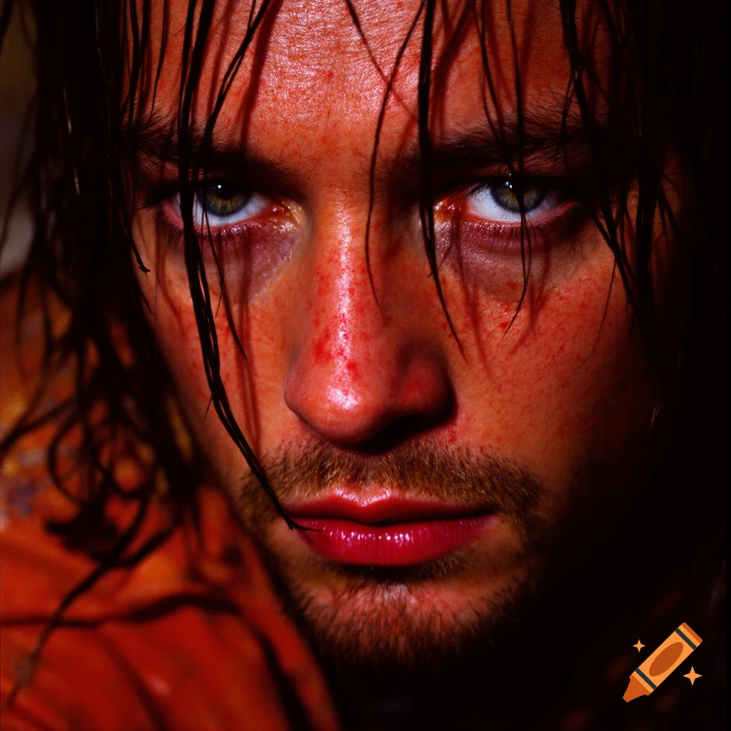 Close-up portrait of a man with wet hair, intense eyes, and red marks on his face.
