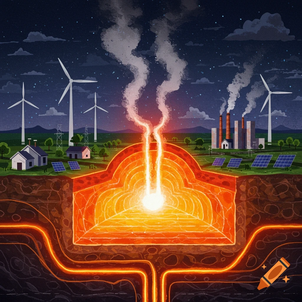 Illustration of geothermal energy showing underground heat reservoir, pipes, wind turbines, solar panels, and a power plant.