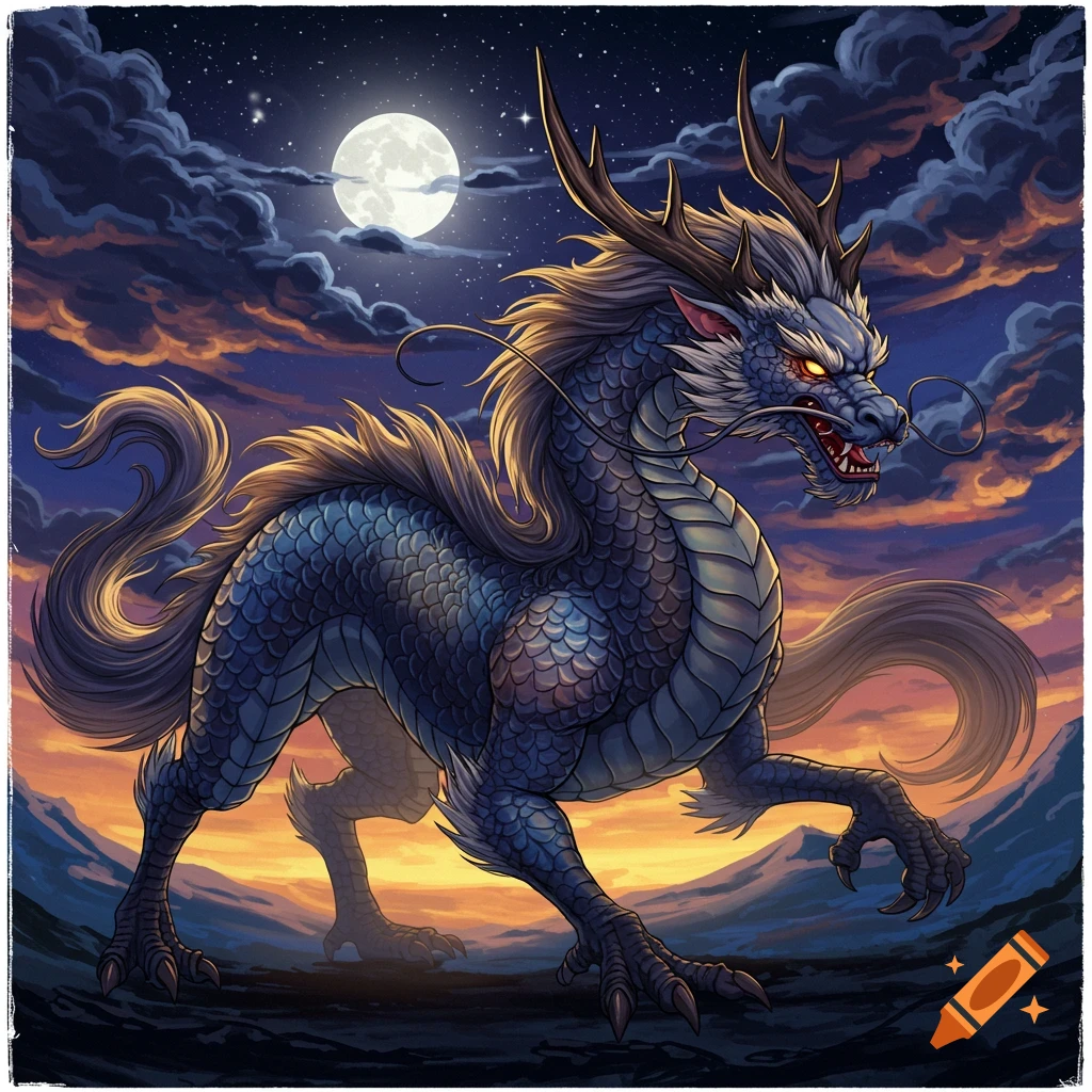 A blue fantasy dragon stands under a full moon.