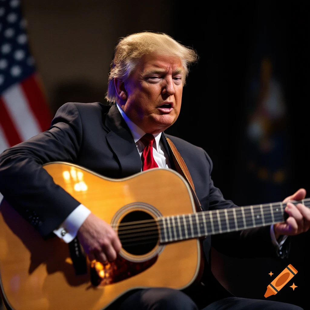Donald Trump plays an acoustic guitar with an American flag in the background.