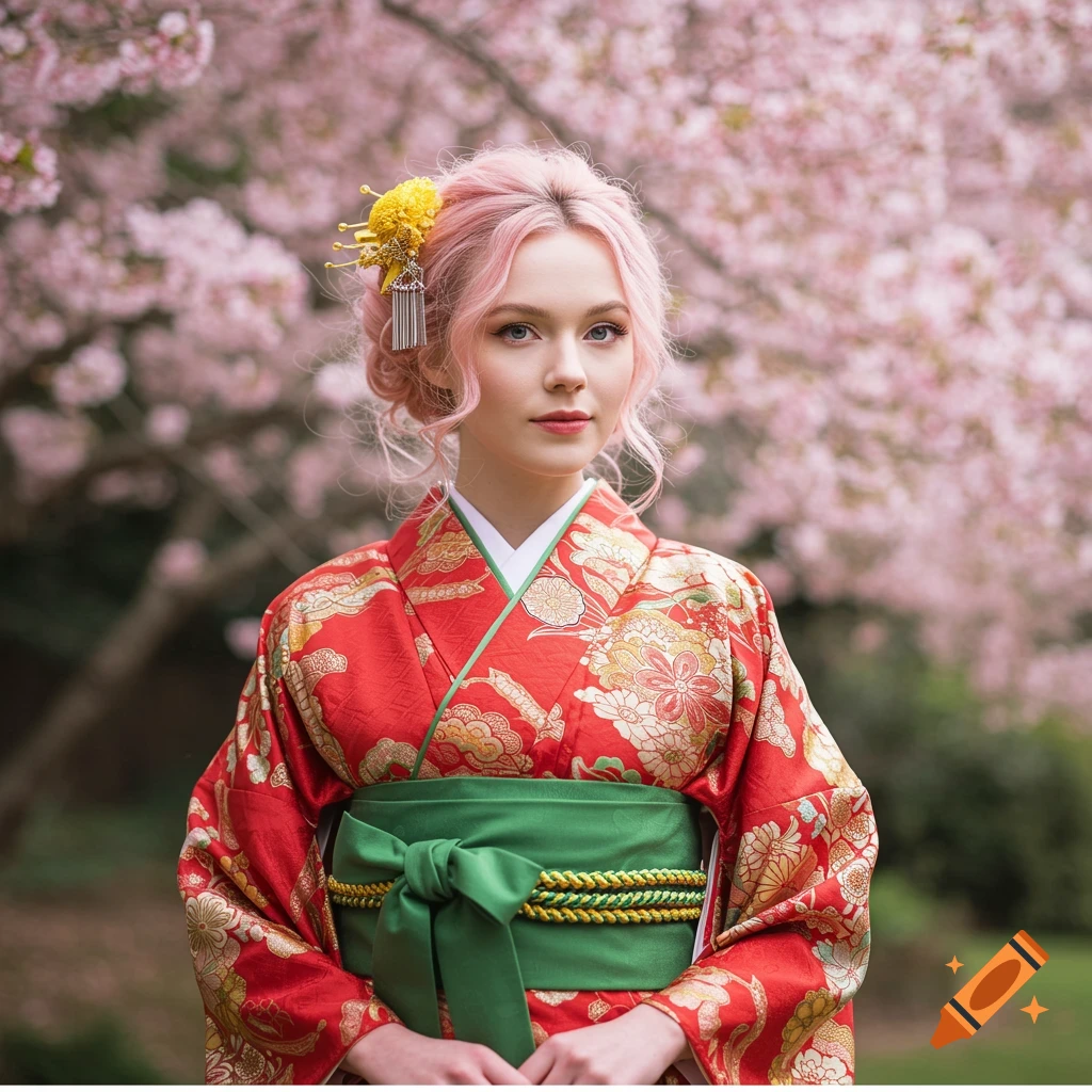A woman with pink hair wearing a red kimono with a green obi stands in front of a blooming cherry blossom tree.