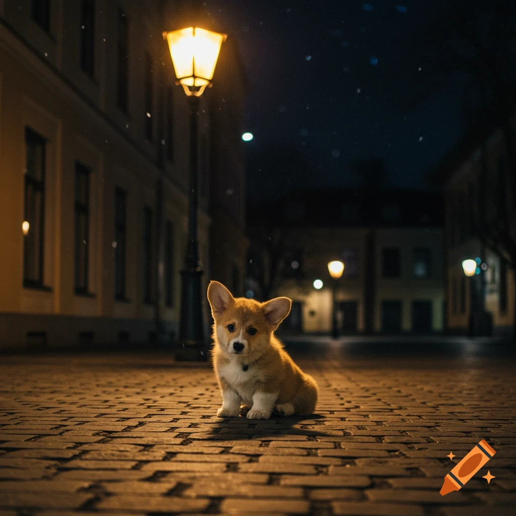 A cute corgi puppy sits on a cobblestone street under a lamppost at night.