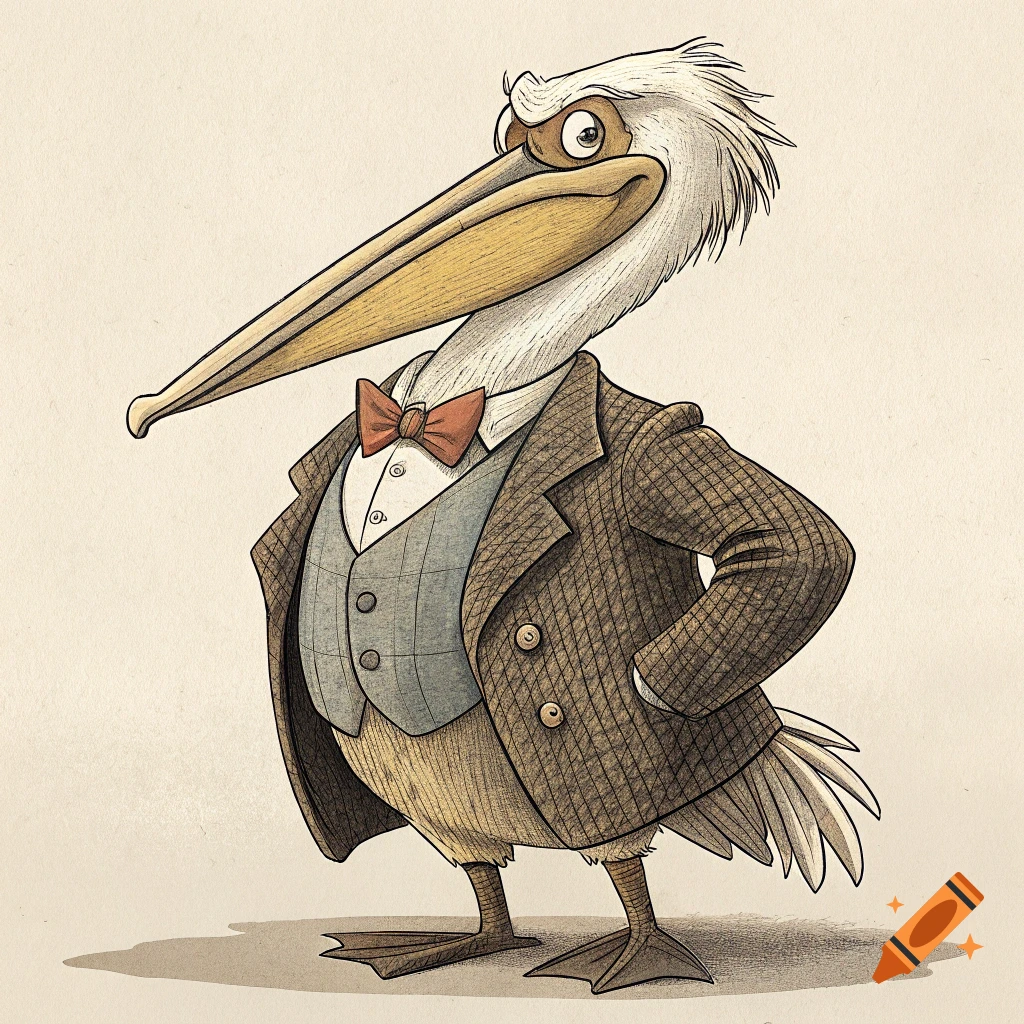 Cartoon illustration of a pelican wearing a tweed suit and a bow tie.