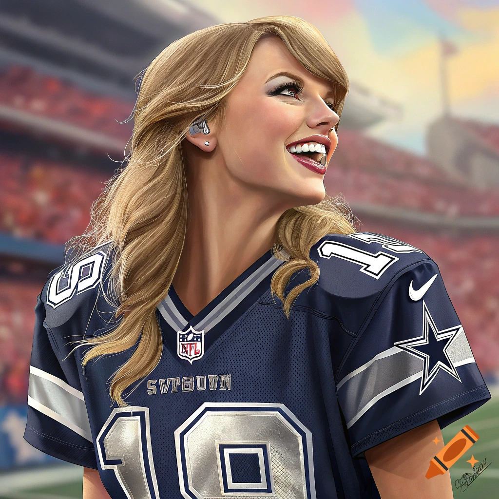 Portrait of Taylor Swift in a Dallas Cowboys jersey smiling in a stadium.