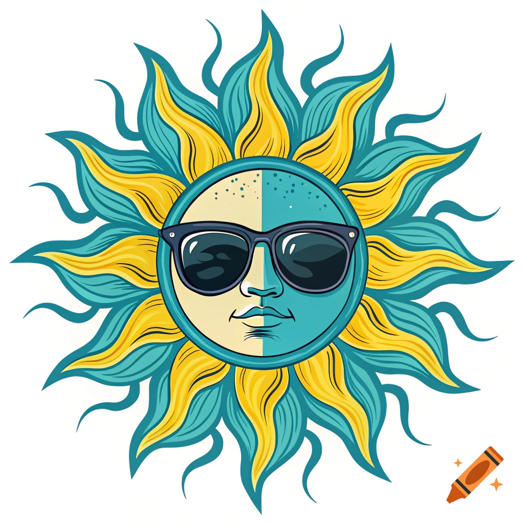 A stylized sun logo wearing black sunglasses, colored in cyan and yellow on a white background.