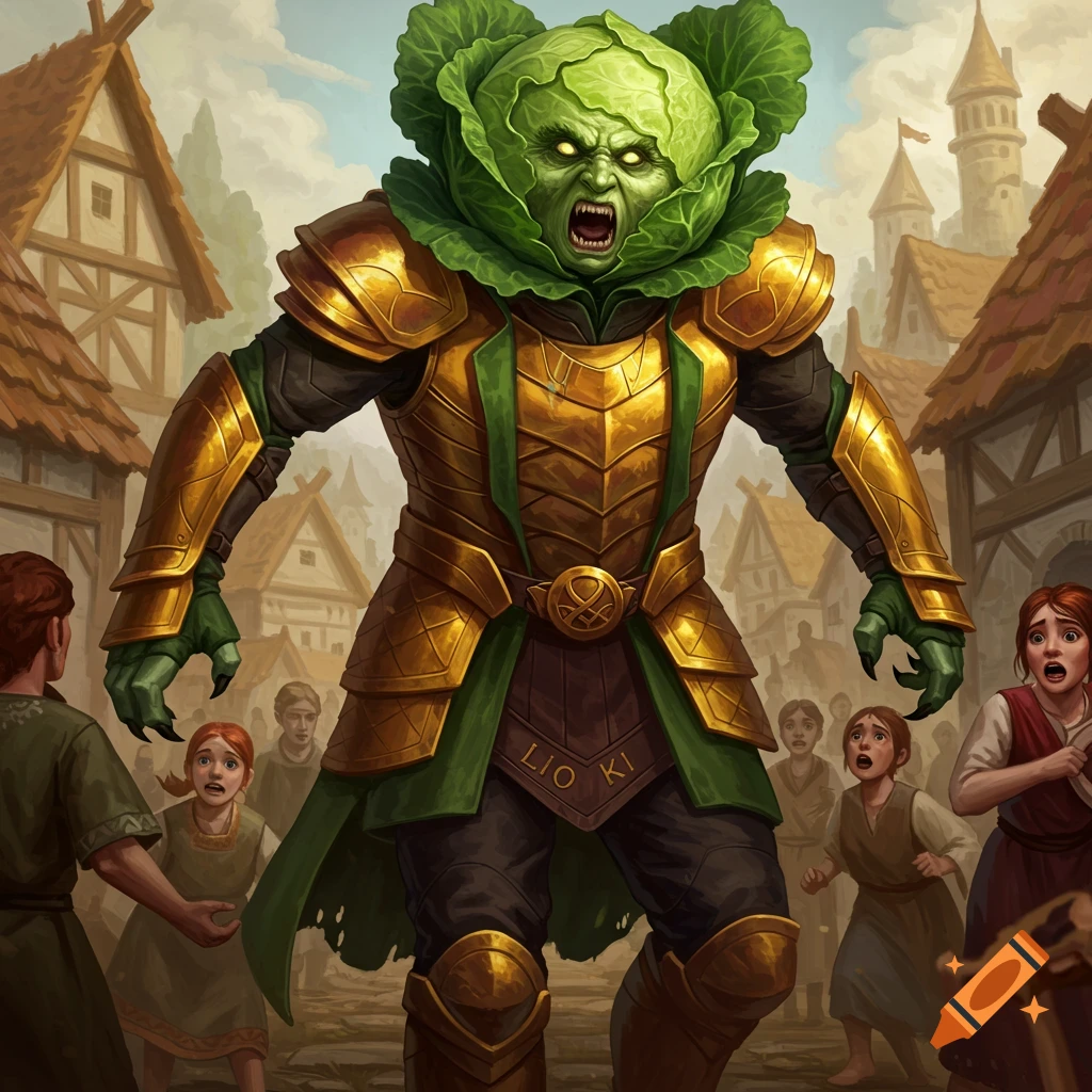 A monstrous cabbage-headed creature in golden armor is scaring villagers.