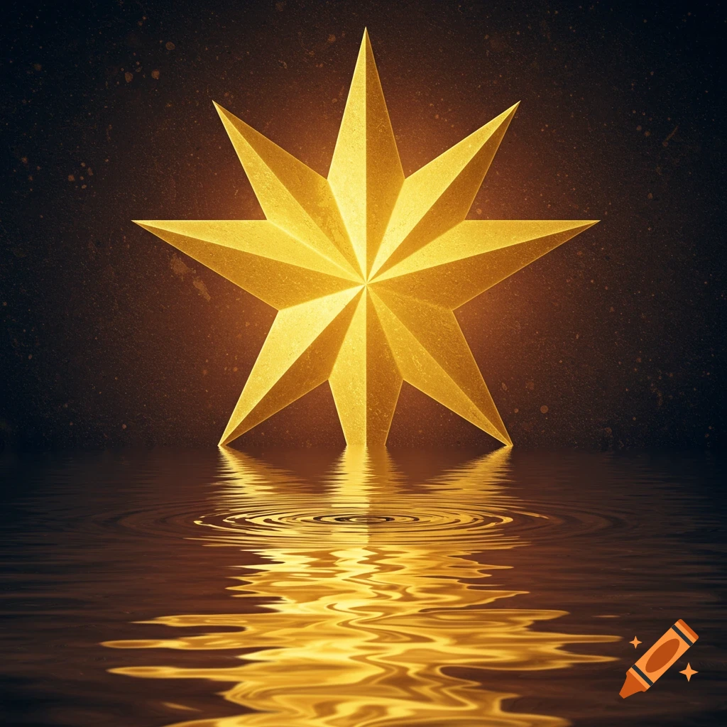 A golden eight-pointed star above rippling water with a dark background.
