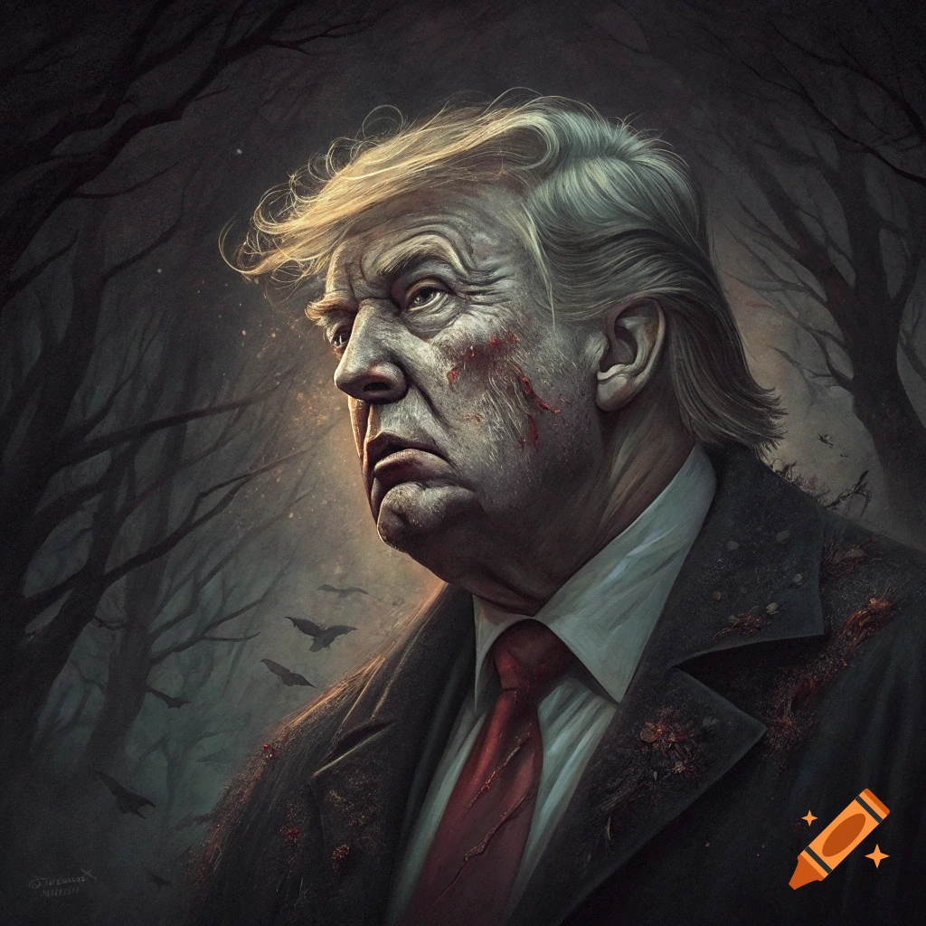 Painterly portrait resembling Donald Trump with scratches and blood in a dark, eerie forest.