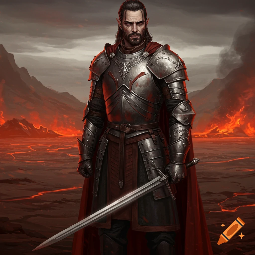 A knight in full armor stands in a volcanic landscape with lava flows.